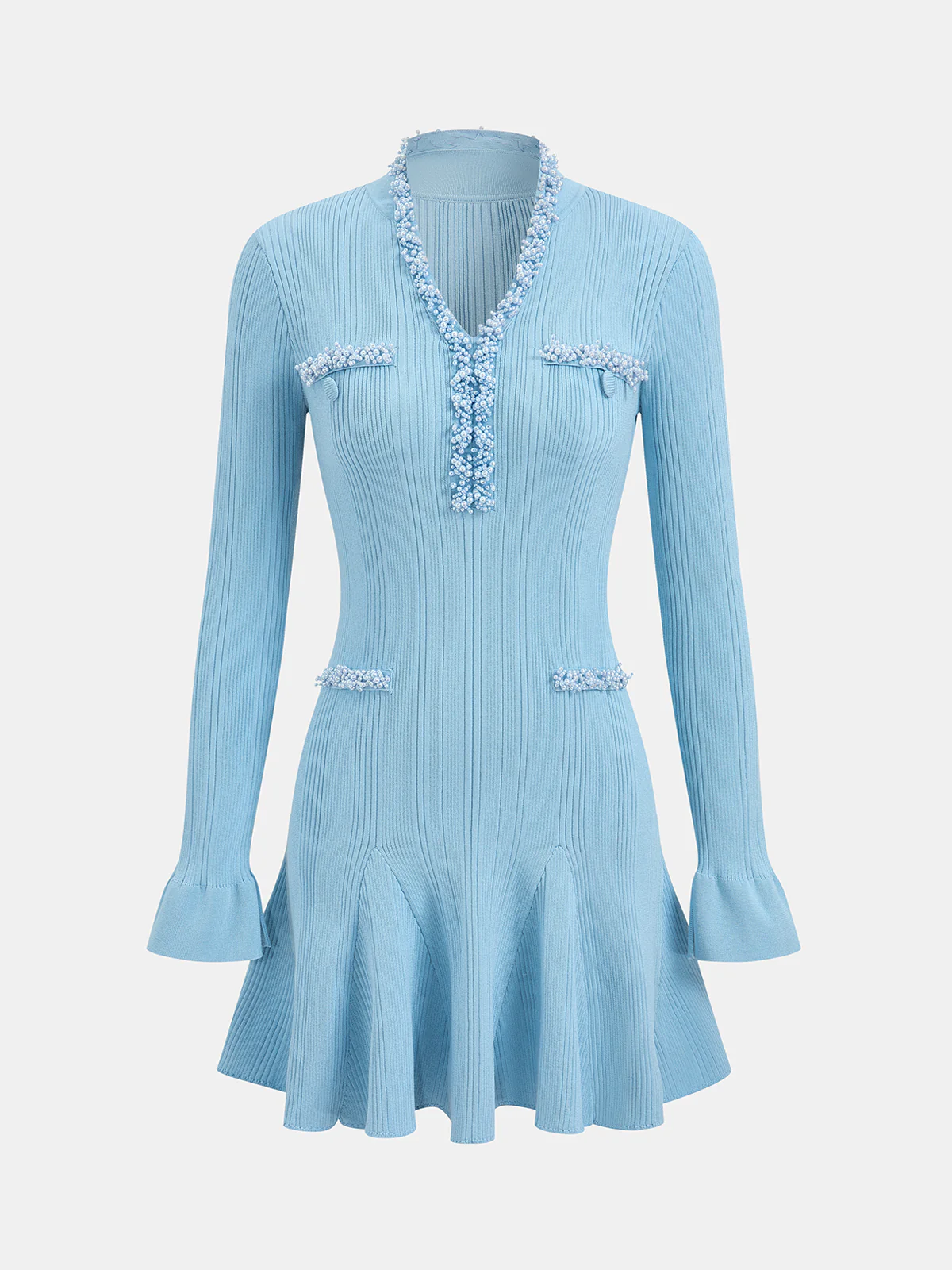 Ruffled Hem Pearl Trim Knit Mini Dress