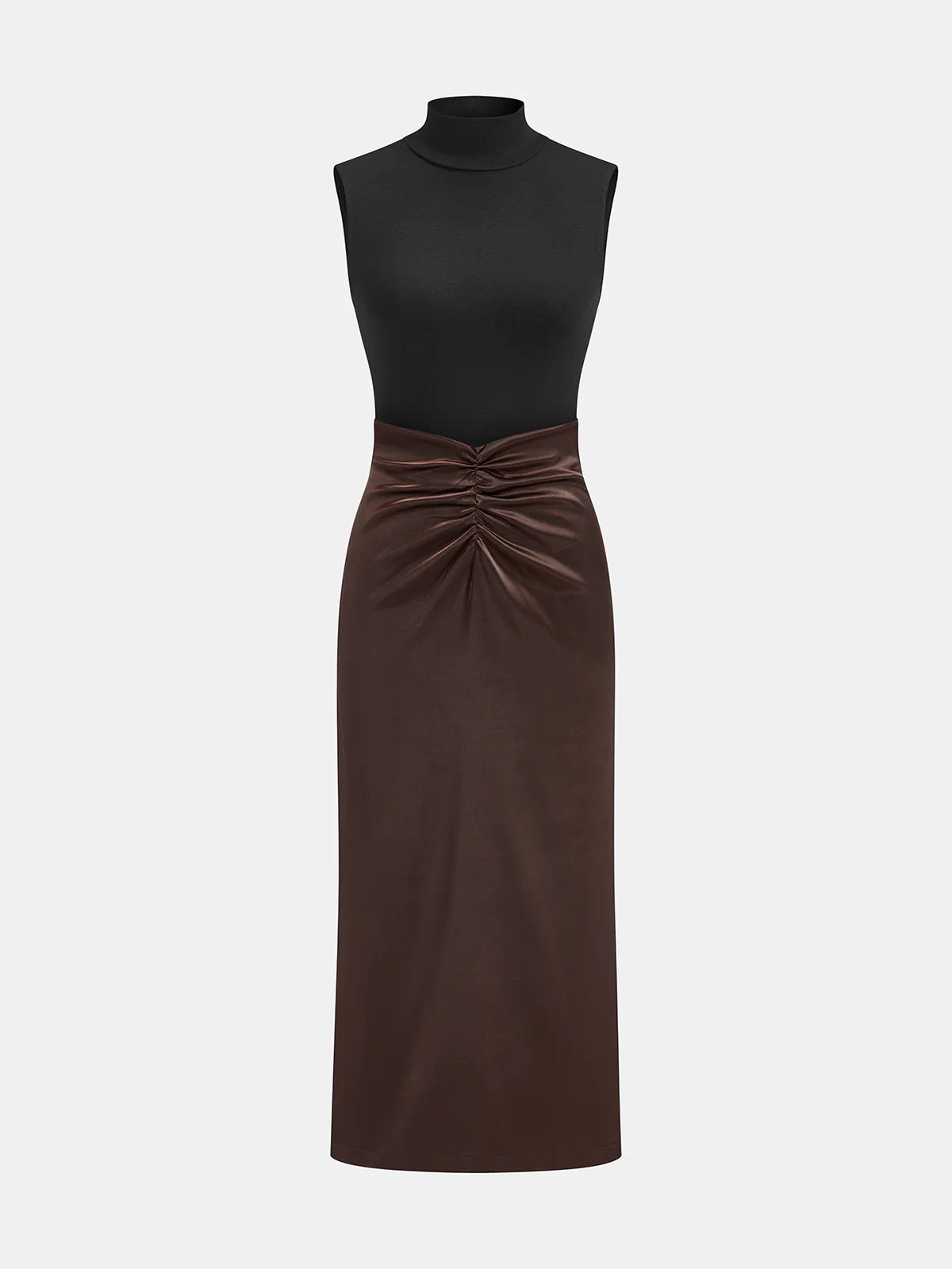 Mock Neck Top and Ruched Satin Skirt Set