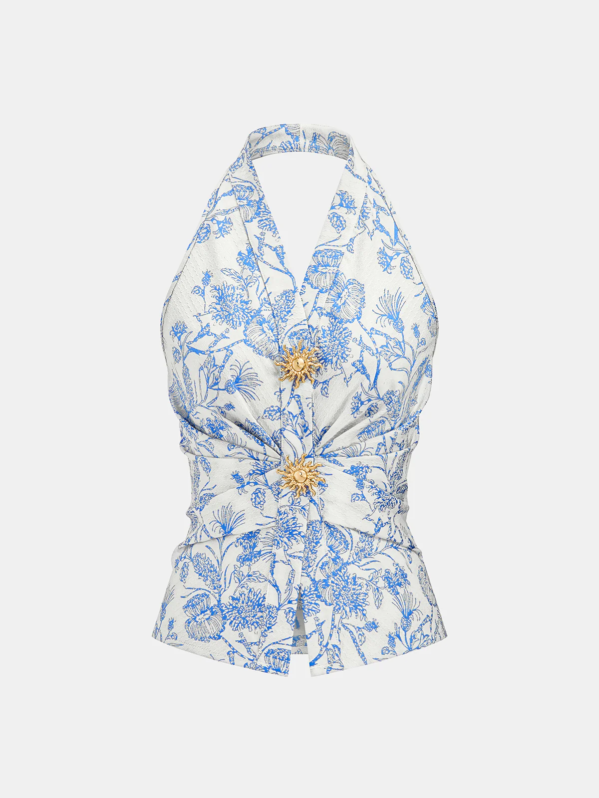 Floral Print Embellished Ruched Halter Top
