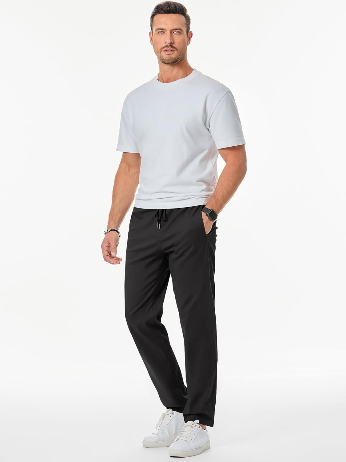 Men's Casual Pants Cotton Twill Drawstring Elastic Waist Chino Pants with Pockets
