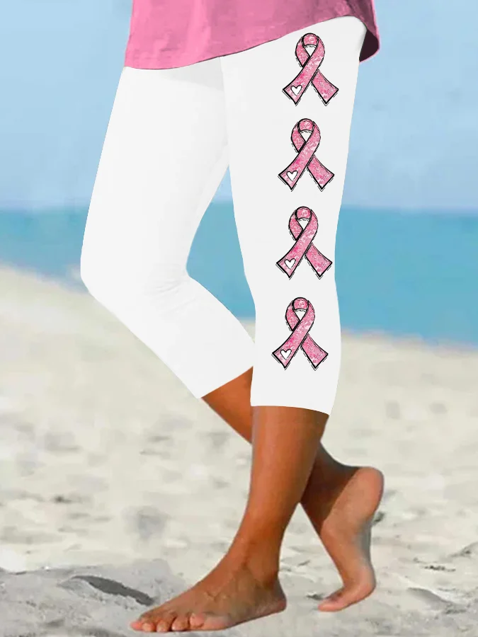 Women's Pink Ribbon  Awareness Warrior Supporter Cropped Leggings