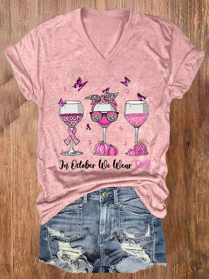 V-neck  Awareness Leopard Wine Glasses In October We Wear Pink Print T-Shirt