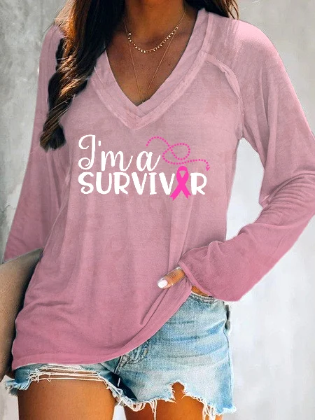 Women's Ribbon Survivor V-Neck Long Sleeve T-shirt