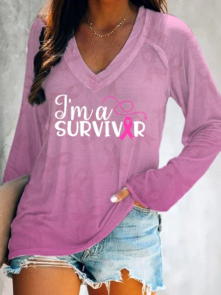 Women's Ribbon Survivor V-Neck Long Sleeve T-shirt
