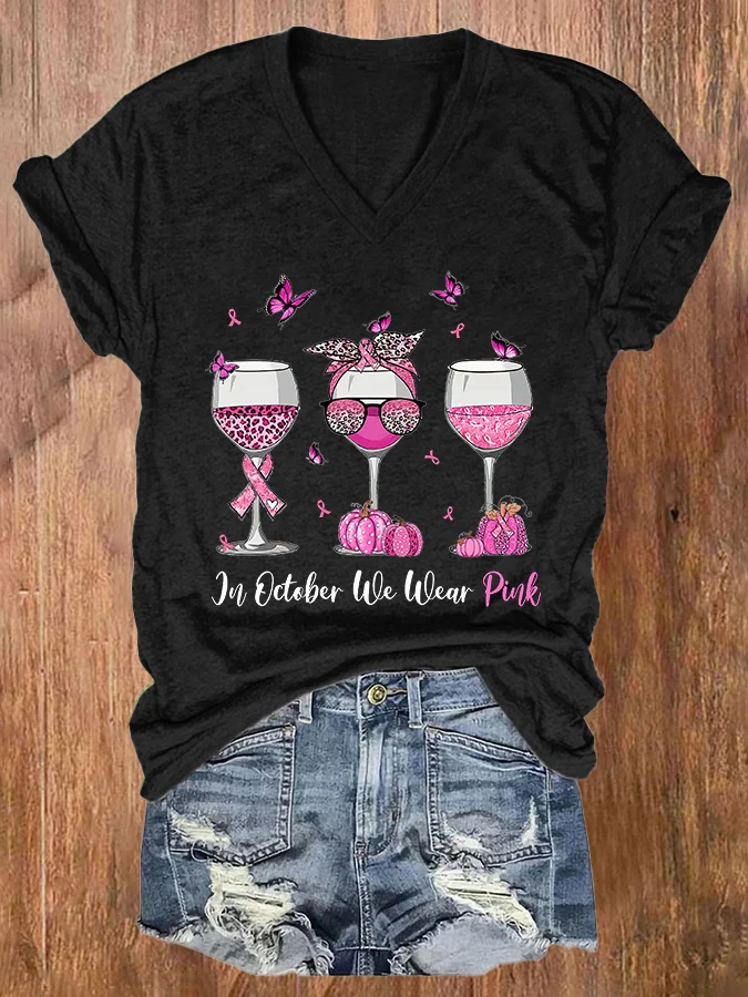 V-neck  Awareness Leopard Wine Glasses In October We Wear Pink Print T-Shirt
