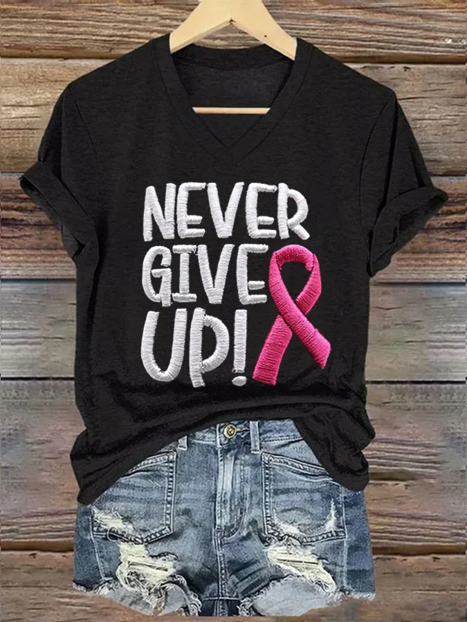 Women'S Never Give Up Pink Ribbon  Awareness Print Shirt