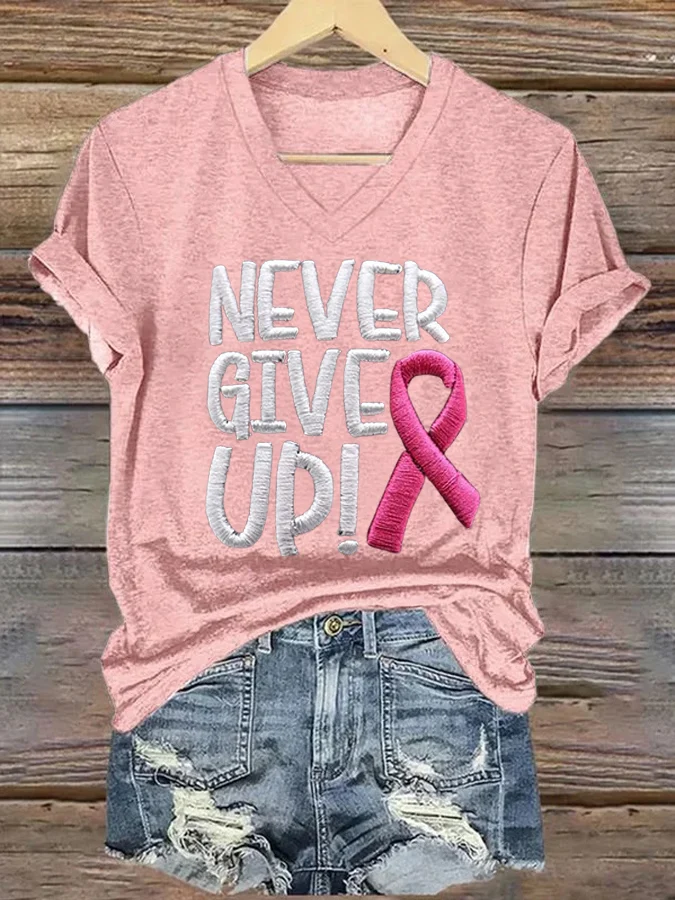Women'S Never Give Up Pink Ribbon  Awareness Print Shirt