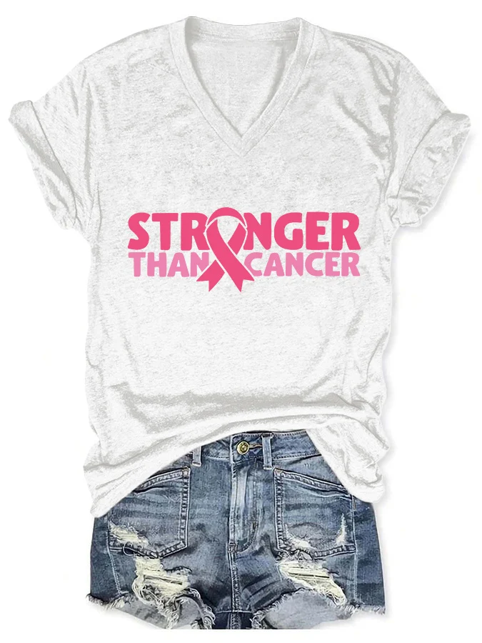 V-neck  Awareness Pink Ribbon Stronger Than Print T-Shirt