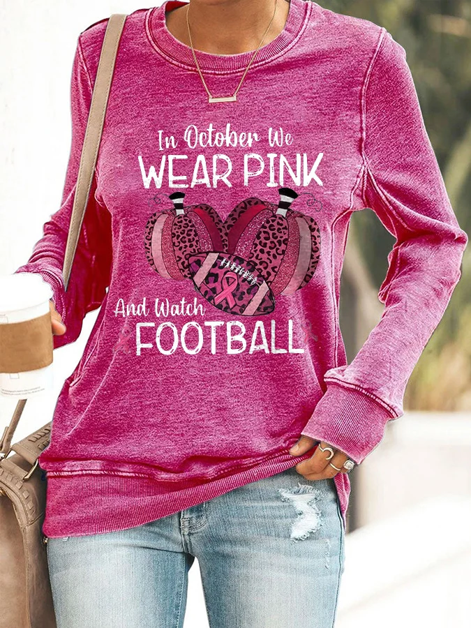 Retro Awareness In October We Wear Pink And Watch Football Leopard Print Sweatshirt