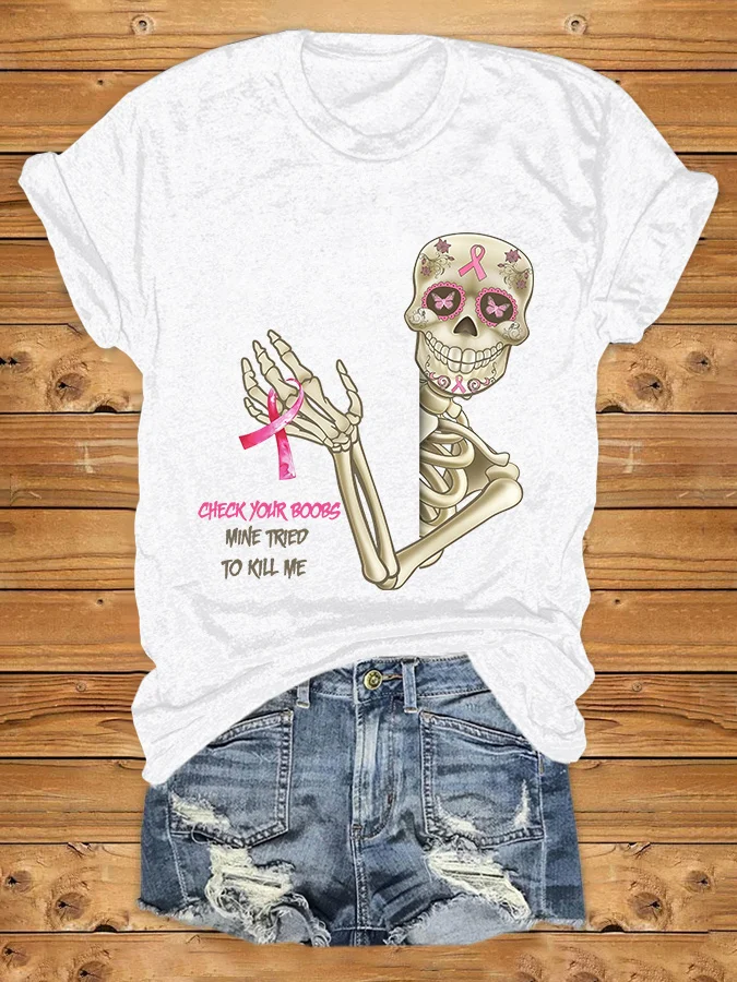 Awareness Skull Check Your Boobs Mine Tried To Kill Me Print T-Shirt
