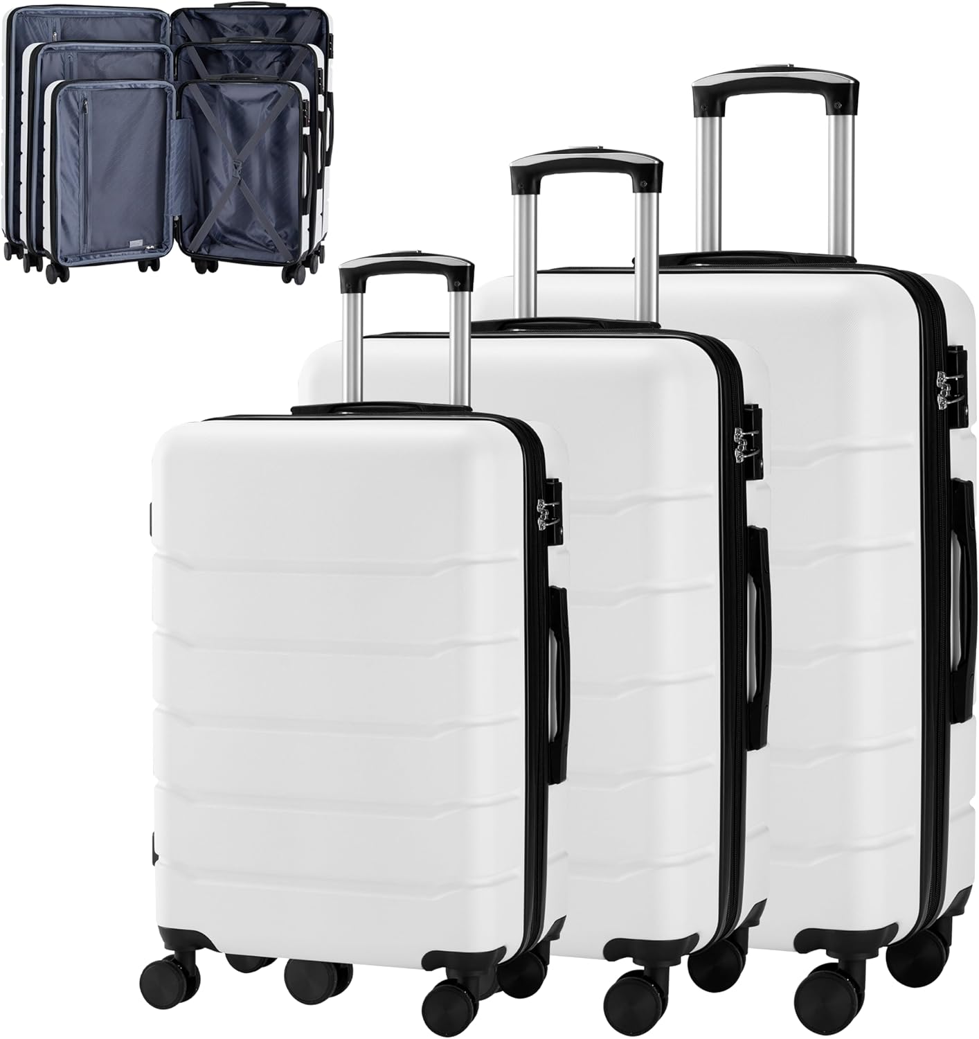 3-Piece Luggage Sets, Suitcase with Double Spinner Wheels & TSA Lock, Hard Shell, Expandable Rolling Lightweight, White, 3-Piece Set (20/24/28)