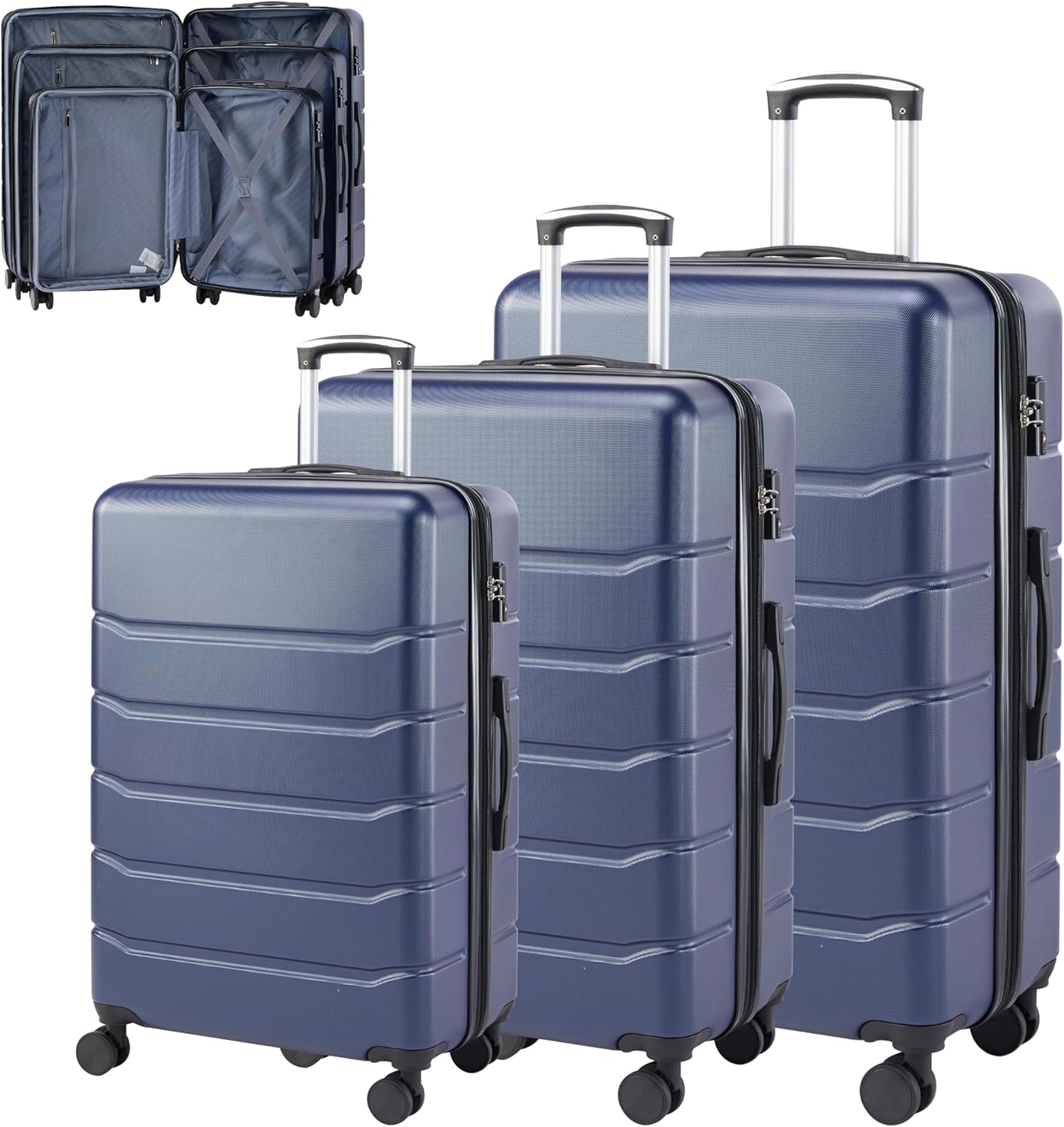 3-Piece Luggage Sets, Suitcase with Double Spinner Wheels & TSA Lock, Hard Shell, Expandable Rolling Lightweight, Blue, 3-Piece Set (20/24/28)