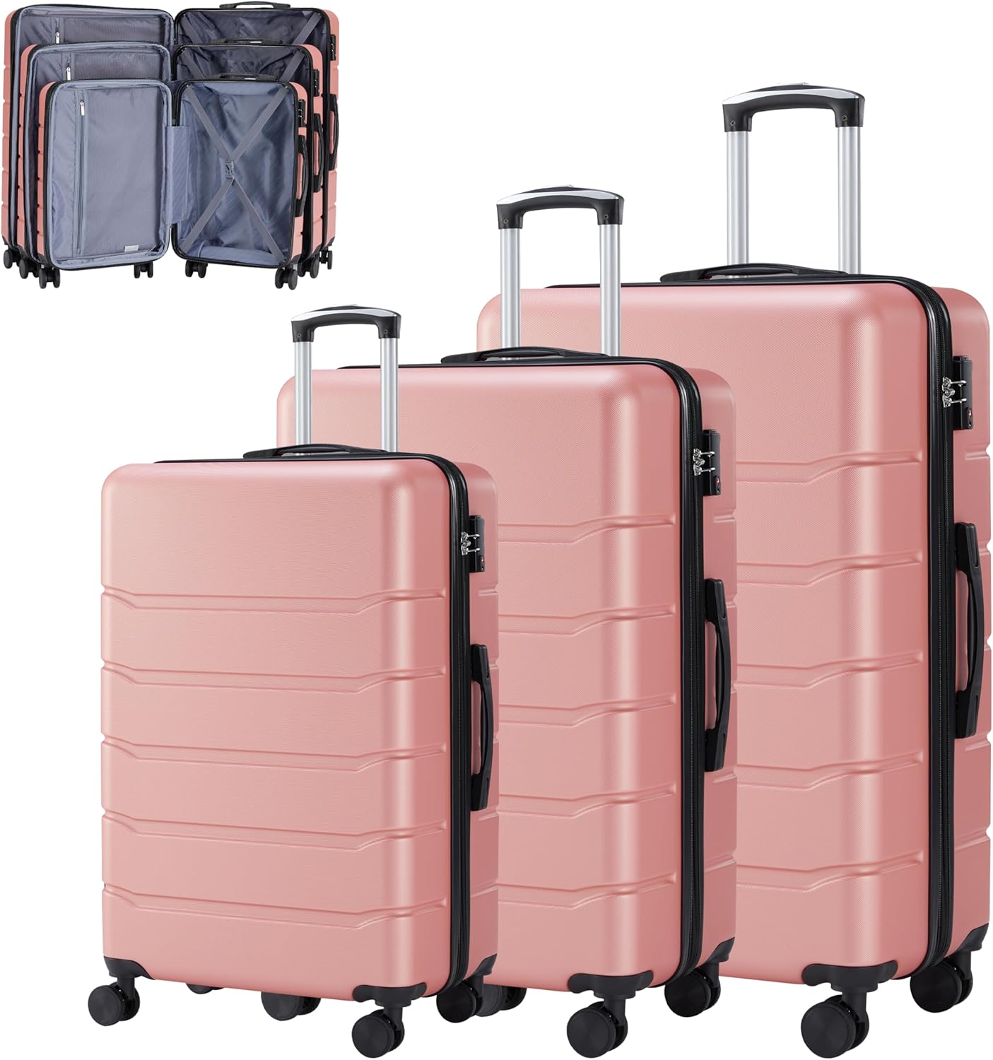 3-Piece Luggage Sets, Suitcase with Double Spinner Wheels & TSA Lock, Hard Shell, Expandable Rolling Lightweight, Pink, 3-Piece Set (20/24/28)