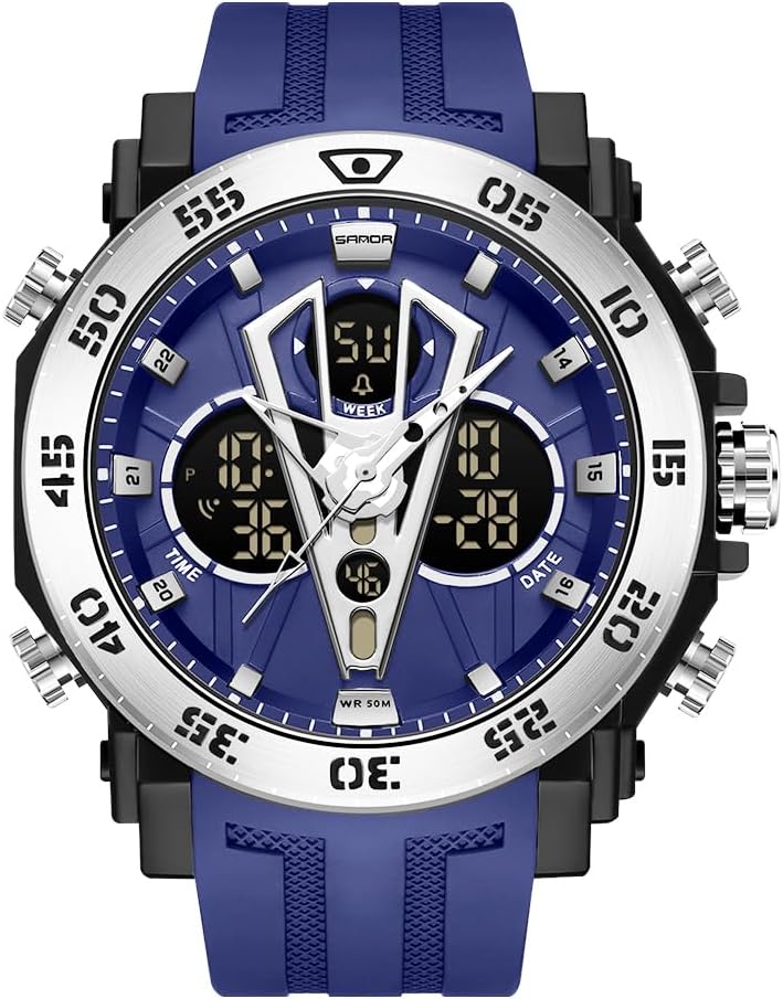 Men's Watches Stainless Steel Case Sports Outdoor Waterproof Military Watch Date Multi Function Tactics Stopwatch for Men 6105 (All Blue)